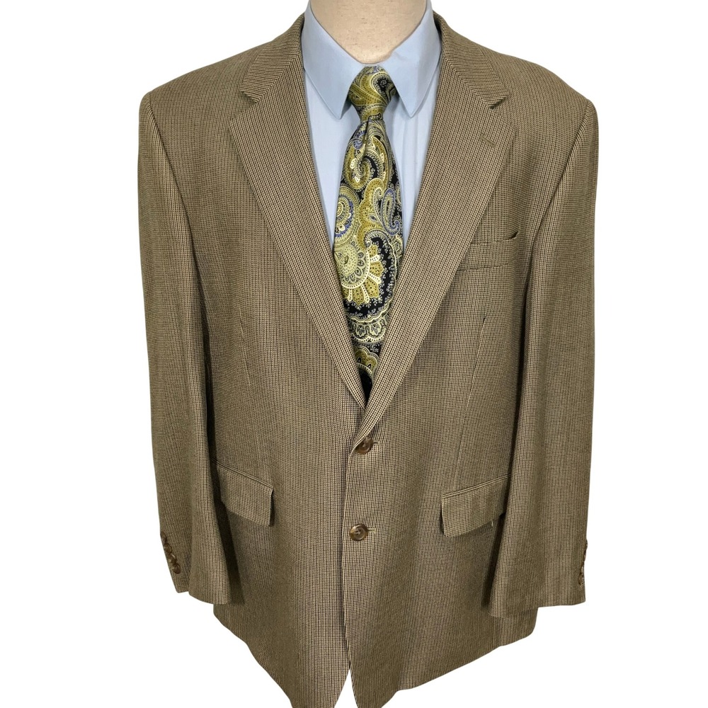 Chaps Blazer Mens 44R Tan Black Micro Houndstooth 2-Button Silk Sport Coat